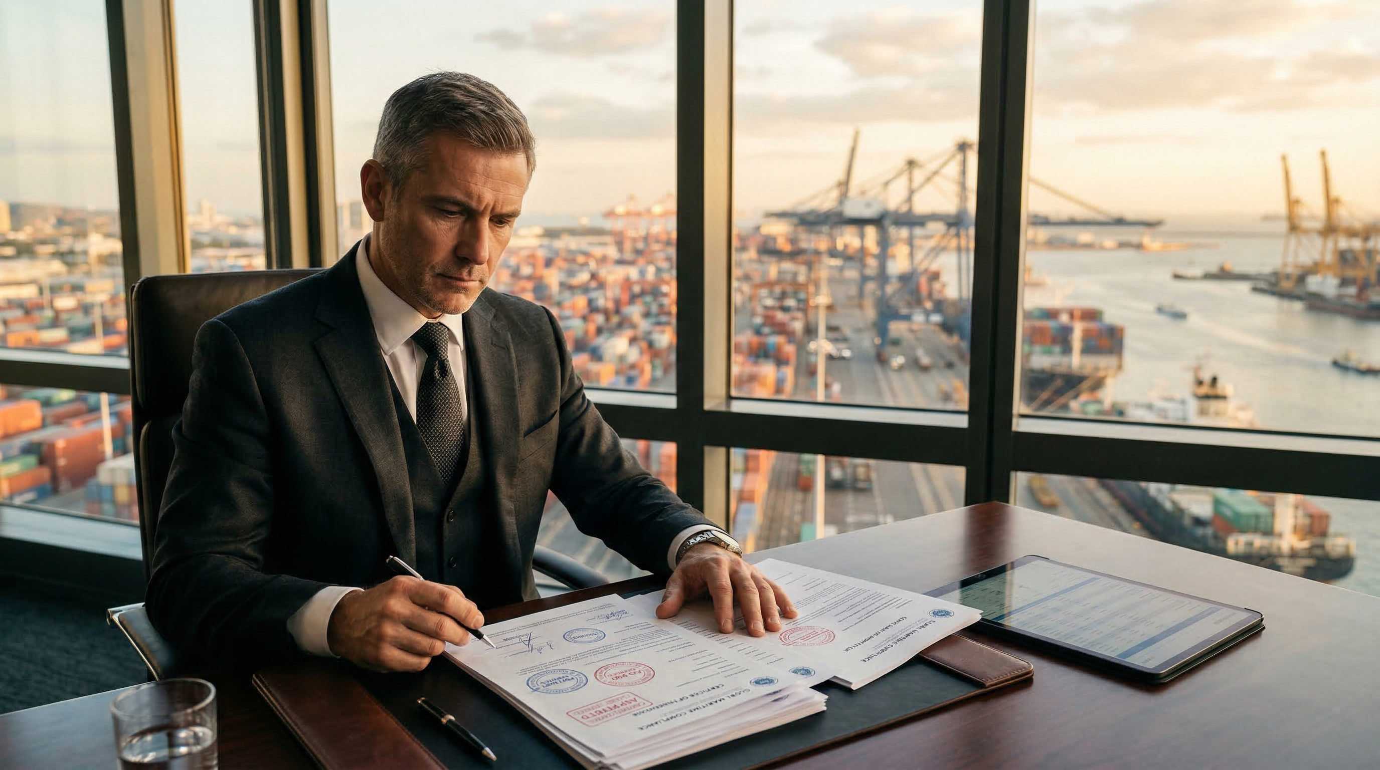 Inspector revisando certificaciones en puerto